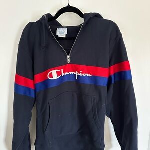 Champion Black Hoodie with Red and Blue Stripes